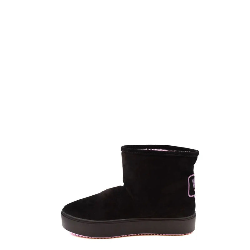Black suede chiara ferragni women ankle boots with plush pink lining and subtle purple logo detail on the side