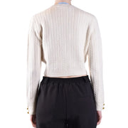 Cream-colored chiara ferragni women wool knitwear cropped cable knit sweater with gold-tone button cuffs