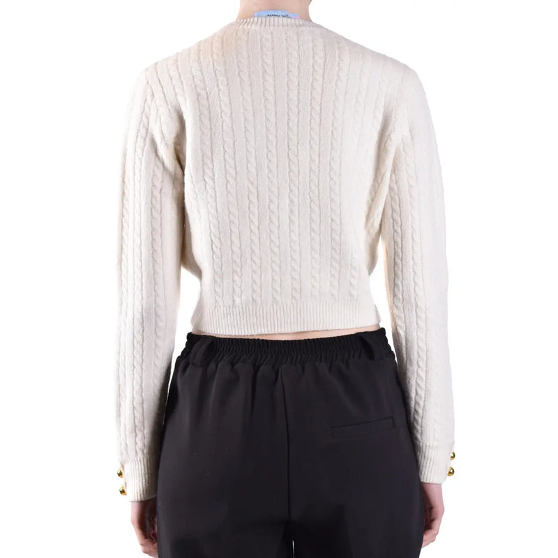 Cream-colored chiara ferragni women wool knitwear cropped cable knit sweater with gold-tone button cuffs