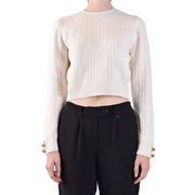 Cream-colored chiara ferragni women white wool knitwear cropped sweater with cable-knit texture and gold-tone button cuffs