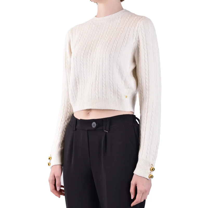 Cream-colored cable-knit cropped wool sweater with gold-tone button cuffs by Chiara Ferragni women white knitwear