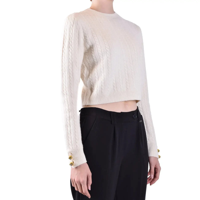 Chiara Ferragni women white wool knitwear round neck cream cropped sweater with cable knit and gold button cuffs