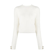 Chiara Ferragni cream-colored wool knitwear sweater with ribbed texture long sleeves and gold-toned cuff buttons