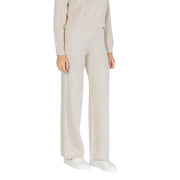 Beige wide-leg choral women knit trousers with smooth viscose blend fabric for fall winter wear