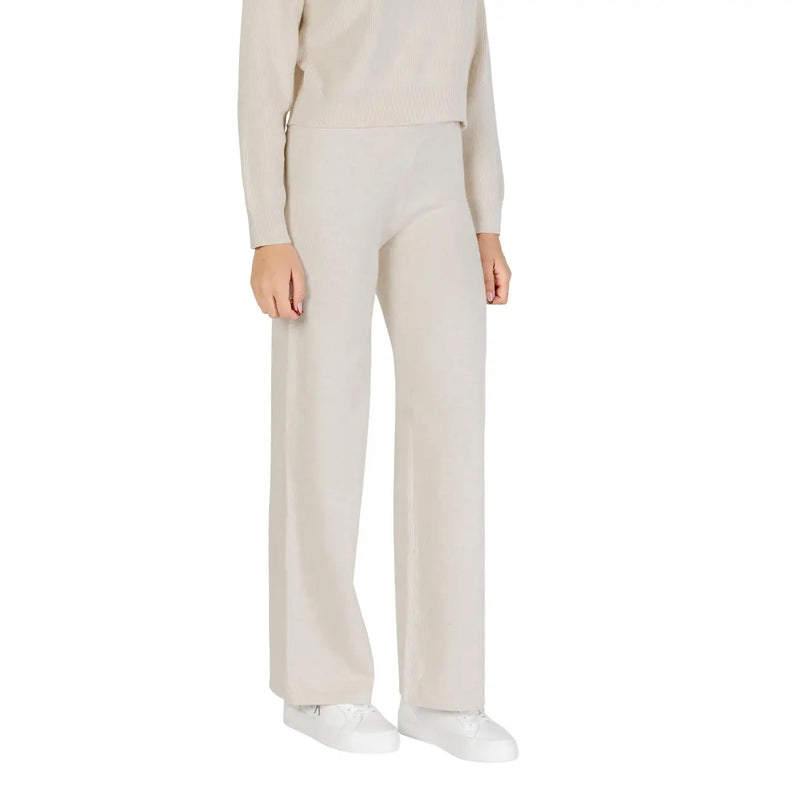 Beige wide-leg choral women knit trousers with smooth viscose blend fabric for fall winter wear