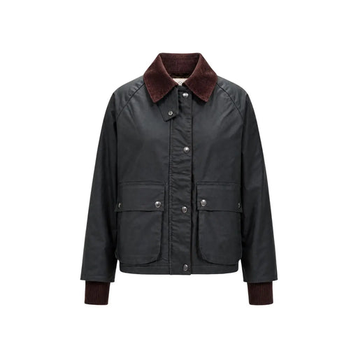 Dunkelgrüner, gewachster Baumwollblazer von Choral für Damen mit bordeauxrotem Cordkragen und -manschetten sowie klassischem Reißverschlusstaschen-Design