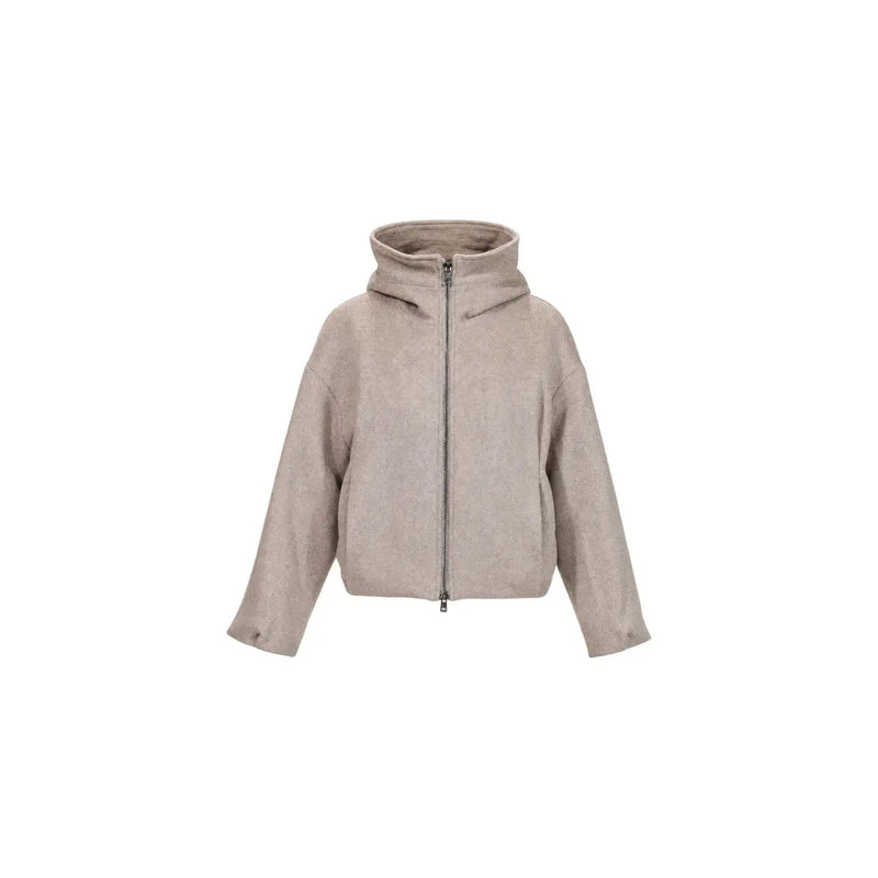 Beige hooded zip-up jacket with soft textured fabric and relaxed fit in choral women wool blend turtleneck blazer beige collection