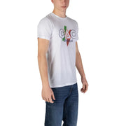 White cotton round neck men t shirt featuring colorful ciao sportswear logo with green white and red vertical stripes