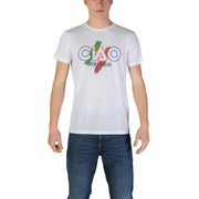 White cotton ciao sportswear men t shirt with round neck featuring bold graphic and green white red brushstroke accents