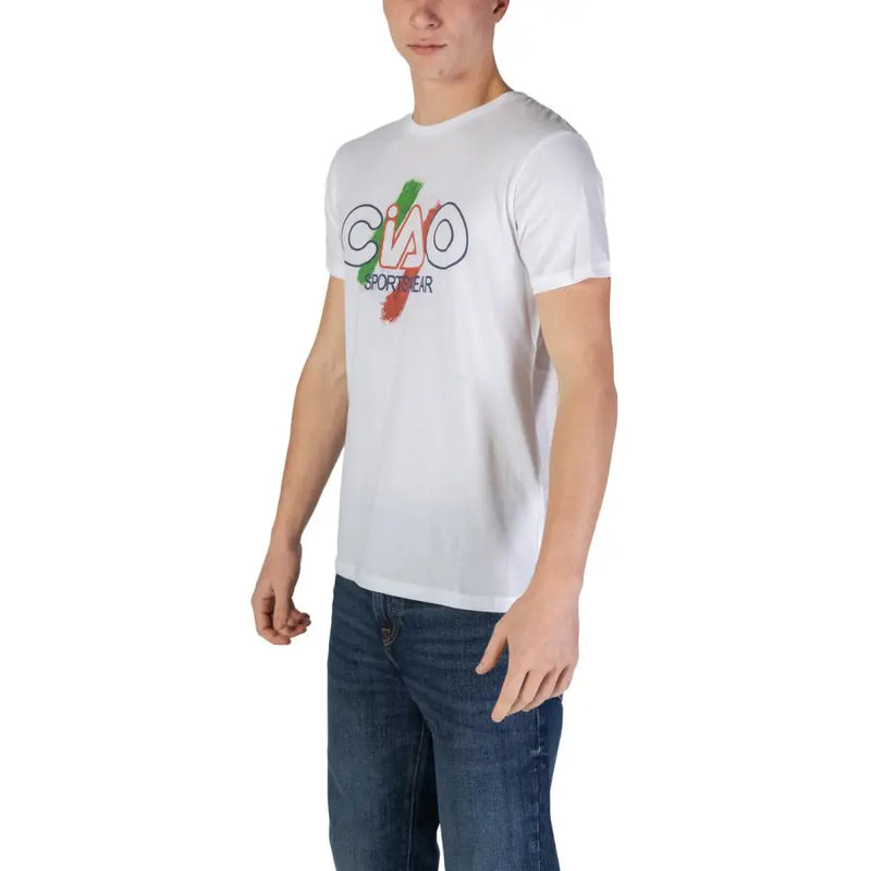 White cotton round neck men t shirt featuring colorful ciao sportswear graphic with green white and red brushstroke accents