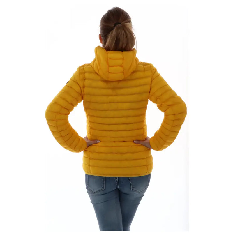Bright yellow quilted puffer jacket with hood and pockets for women by Ciesse Piumini in long design