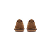 Clarks men lace up oxford shoes in camel brown suede with classic design and wooden soles