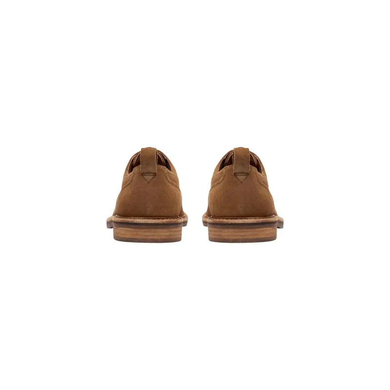 Clarks men lace up oxford shoes in camel brown suede with classic design and wooden soles