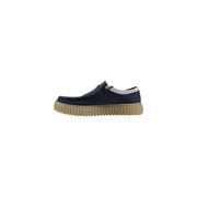 Clarks men lace ups blue fabric shoes featuring navy blue suede slip-on design with tan rubber sole and white lining