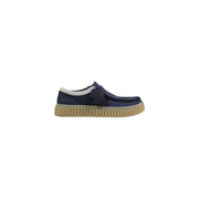 Clarks men lace ups navy blue suede slip on shoe with white collar and tan rubber sole
