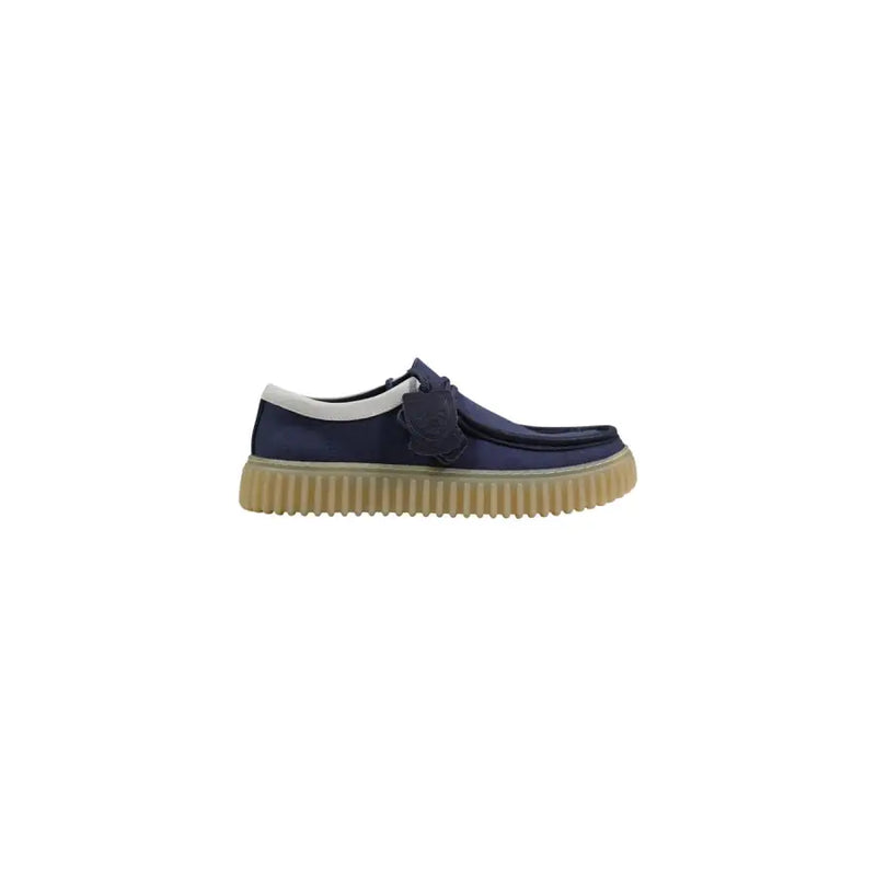Clarks men lace ups navy blue suede slip on shoe with white collar and tan rubber sole