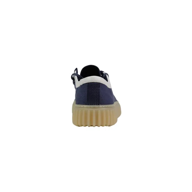 Clarks men lace ups navy blue canvas low-top sneaker with white rubber heel tab and beige textured sole