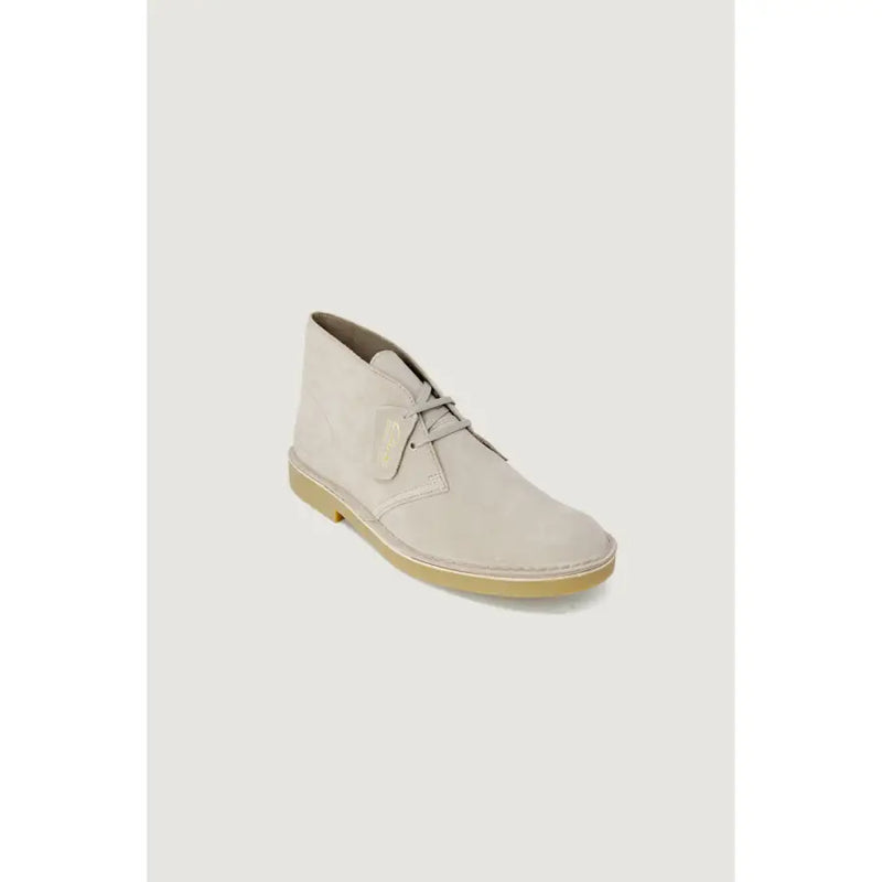 Clarks men lace ups grey synthetic leather shoe with light beige suede desert boot style and tan rubber sole size 2.5