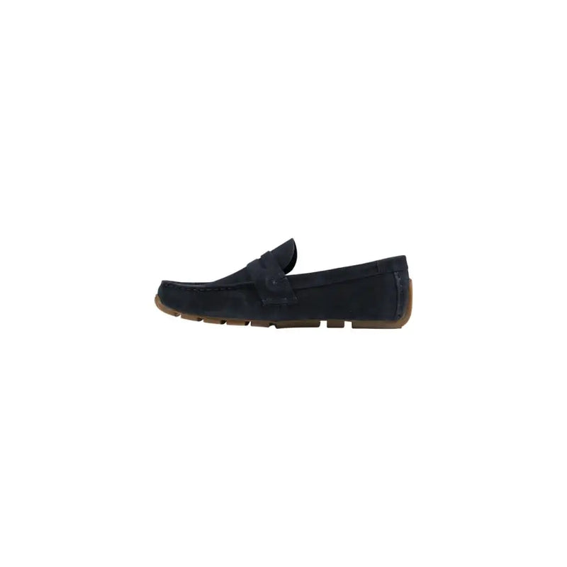 Clarks men moccasin navy blue suede loafer with tan rubber sole and single strap spring summer shoes