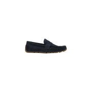 Clarks men moccasin navy blue suede loafer with tan rubber sole and stitched detailing for spring summer wear