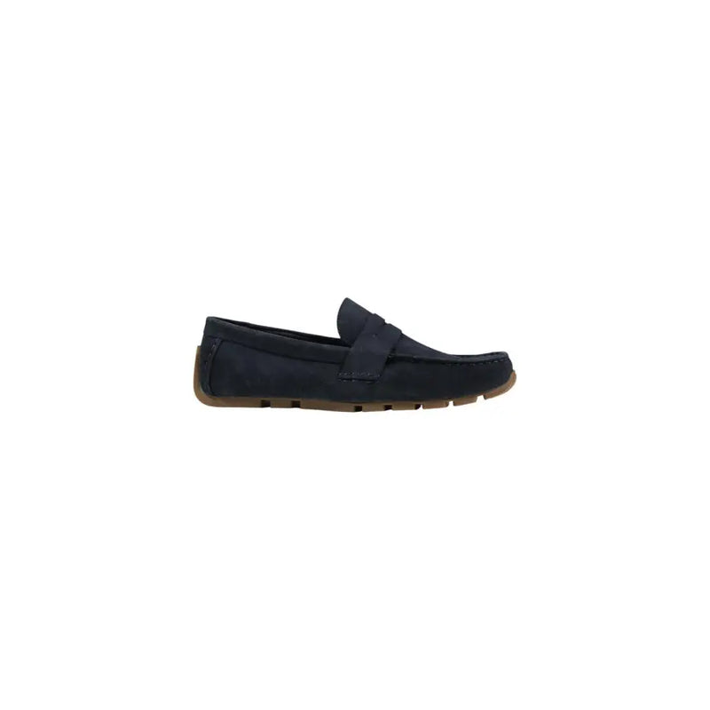 Clarks men moccasin navy blue suede loafer with tan rubber sole and stitched detailing for spring summer wear