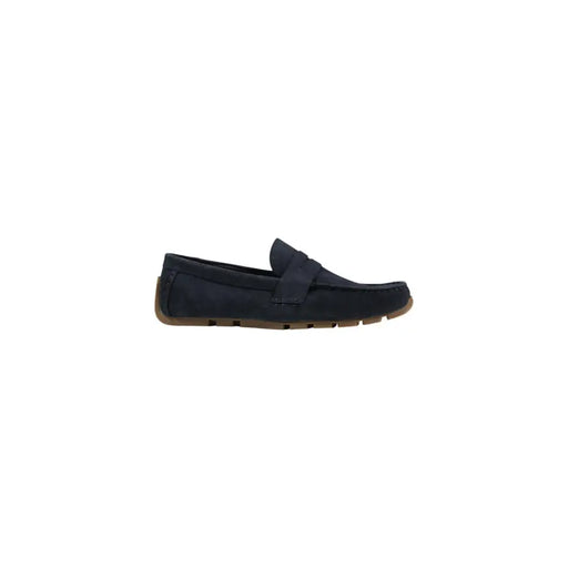 Clarks men moccasin navy blue suede loafer with tan rubber sole and stitched detailing for spring summer wear