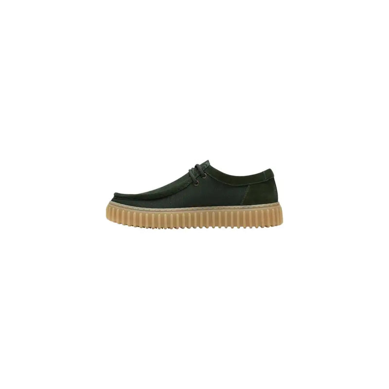Clarks men slip on shoes in dark green suede with tan ridged rubber sole lightweight and comfortable