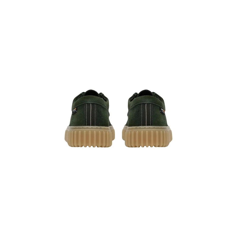 Clarks men slip on shoes in dark green canvas with tan rubber sole and white stitching detail lightweight design