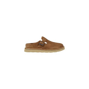 Clarks men slippers beige leather with tan suede clog upper metallic buckle and light beige rubber sole size 10