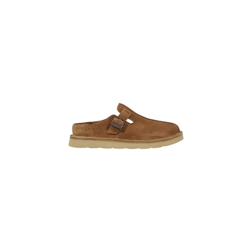 Clarks men slippers beige leather with tan suede clog upper metallic buckle and light beige rubber sole size 10