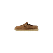 Clarks men slippers tan suede moccasin slip-on with simple strap closure and beige rubber sole size 10