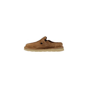 Clarks men slippers tan suede moccasin slip-on with simple strap closure and beige rubber sole size 10
