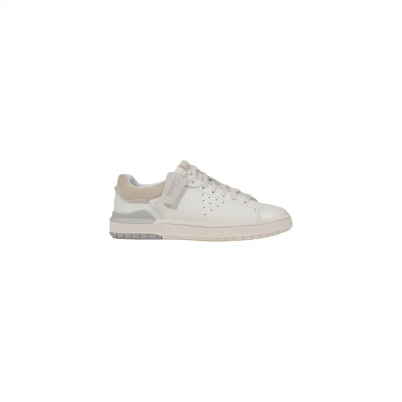 Clarks men white leather sneakers with beige accents and rubber sole featuring a sleek minimalist design