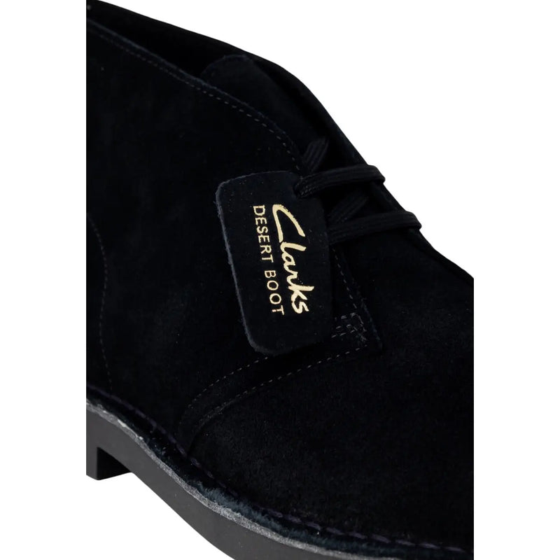 Clarks mens black suede desert boot with gold lettering on black leather tag and lace up design