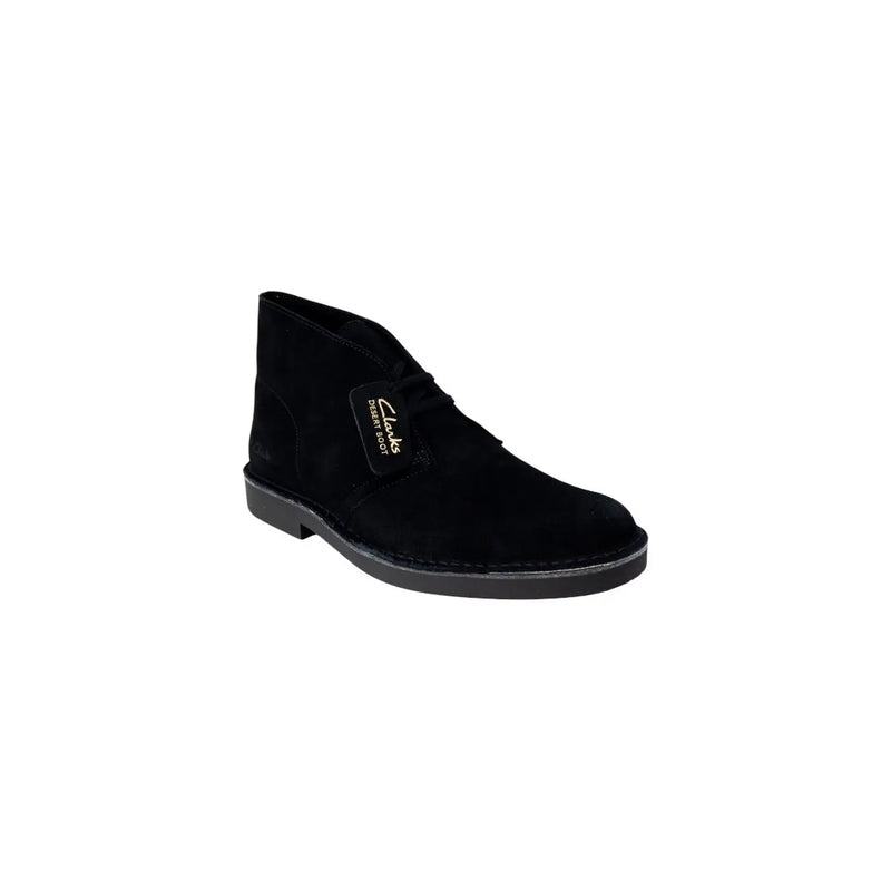 Clarks mens black suede leather ankle boots with classic chukka design and contrasting black rubber sole