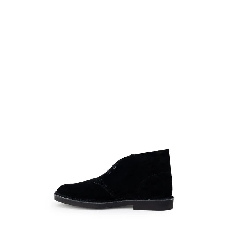 Clarks mens black leather ankle boots in suede with a low-profile rubber sole and lace-up design