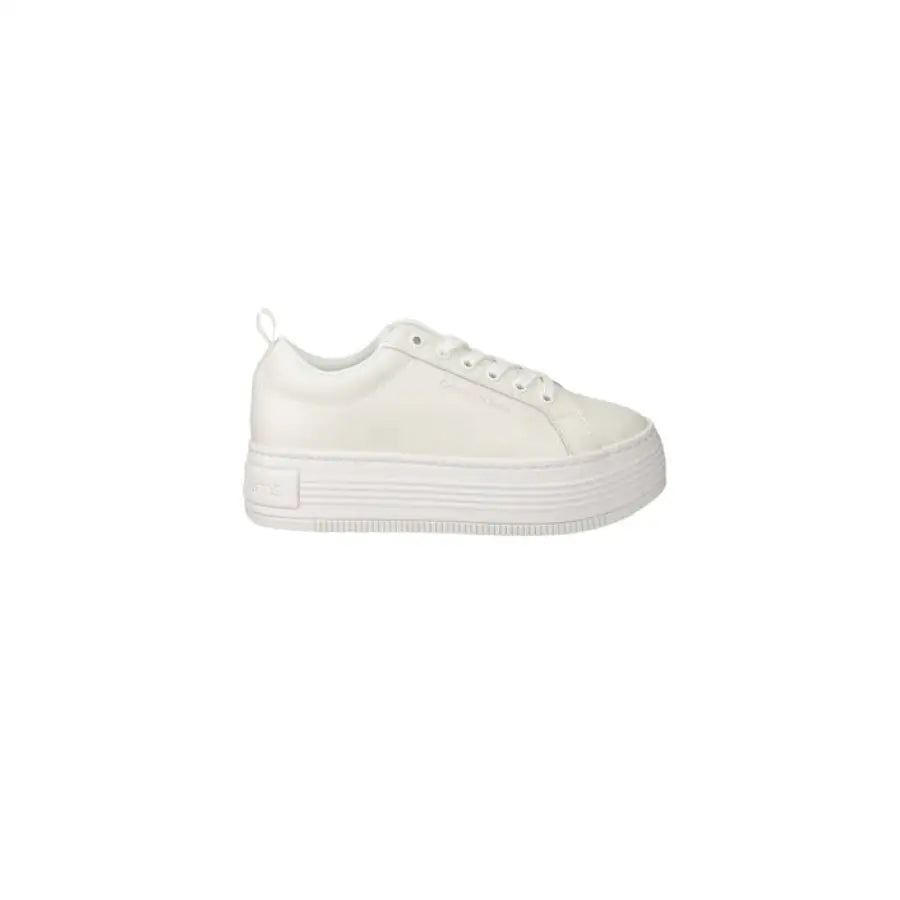 Close-up of Calvin Klein Jeans Women’s white sneaker with white sole