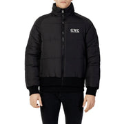 Black quilted cotton puffer jacket with high collar and white cnc costume national logo on chest for men