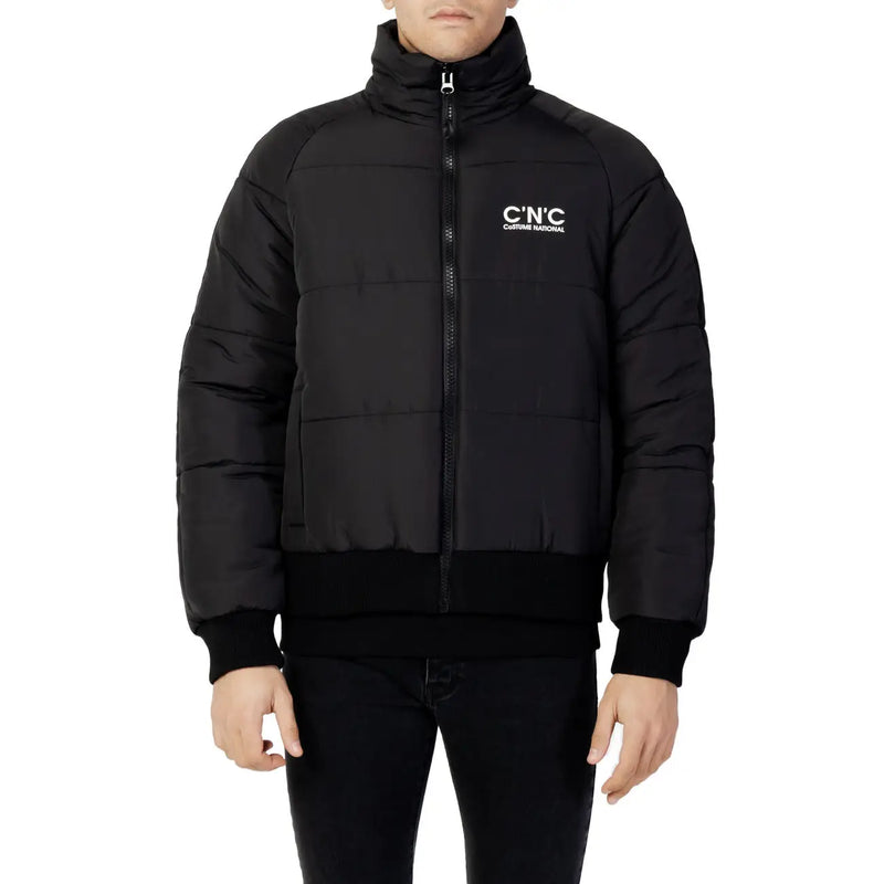Black quilted cotton puffer jacket with high collar and white cnc costume national logo on chest for men