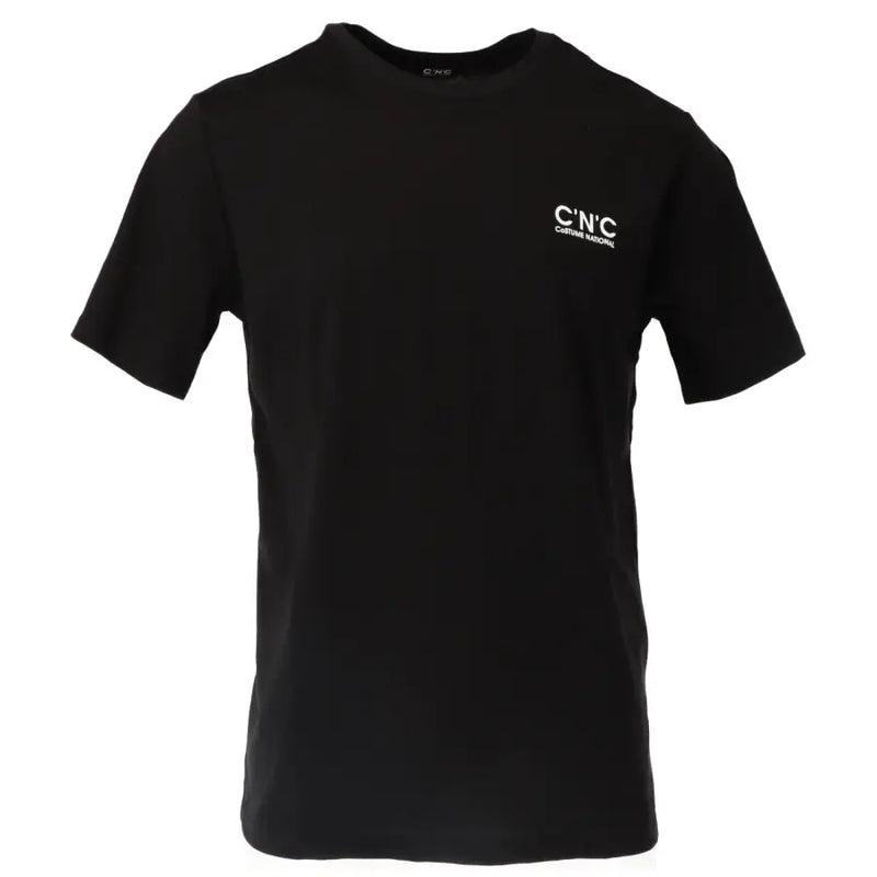 CNC Costume National men’s black short-sleeved cotton t-shirt with small white CNC logo embroidered on left chest