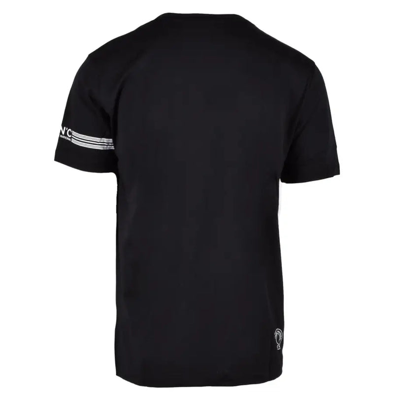 CNC Costume National men’s black cotton short-sleeved round neck t-shirt with white nc branding and left sleeve stripes