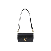 Coccinelle black leather crossbody bag with gold-tone c clasp and adjustable strap featuring inside pocket