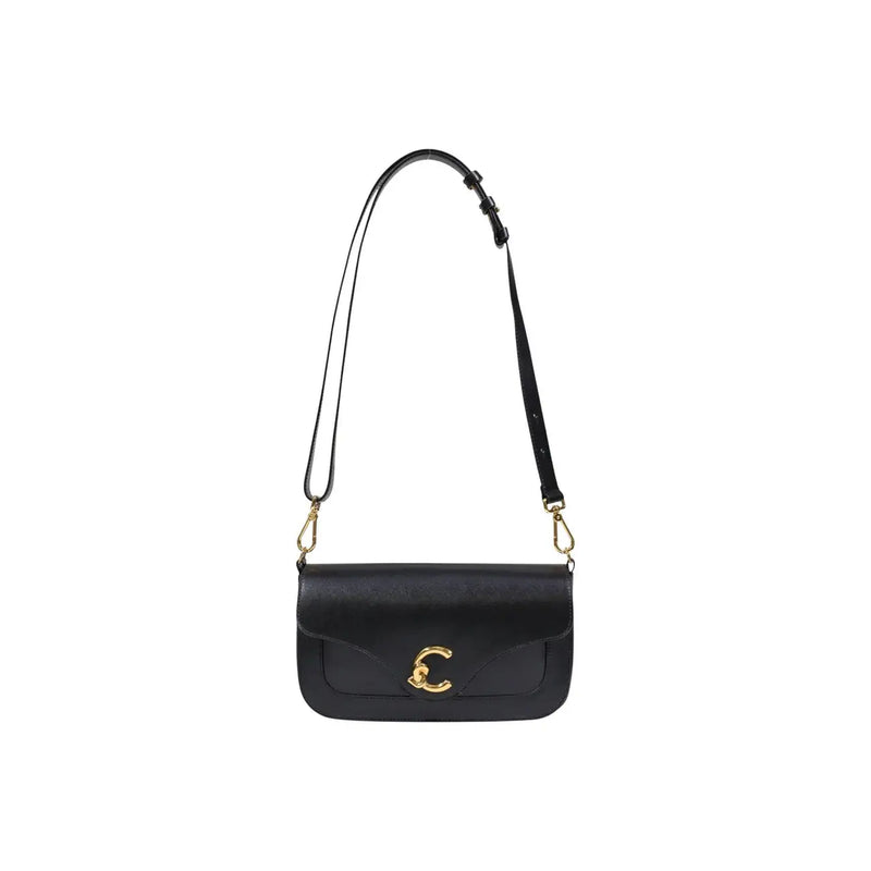 Coccinelle black leather crossbody bag with gold-tone c clasp and adjustable strap featuring inside pocket
