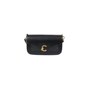 Black leather crossbody bag by coccinelle with gold-tone c clasp chain strap and inside pocket