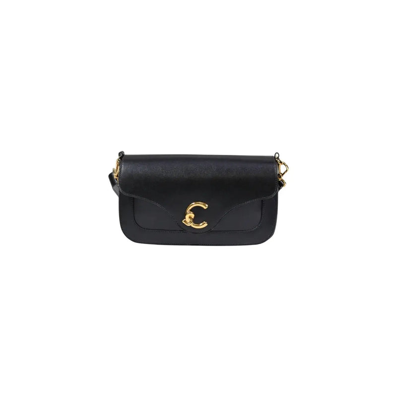 Black leather crossbody bag by coccinelle with gold-tone c clasp chain strap and inside pocket