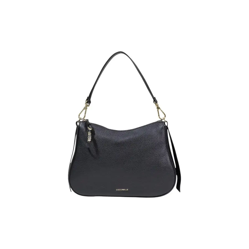 Coccinelle black leather hobo bag with textured finish gold-tone hardware and front brand logo with zip pocket