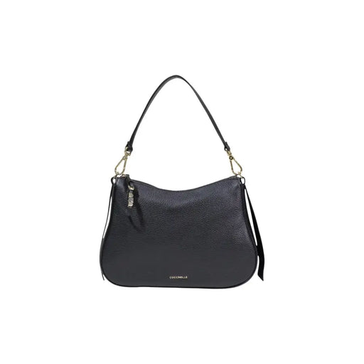 Coccinelle black leather hobo bag with textured finish gold-tone hardware and front brand logo with zip pocket