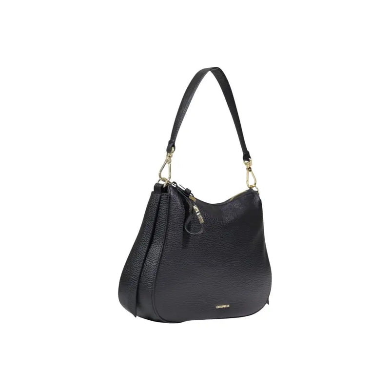 Coccinelle black leather hobo bag with textured leather, gold-tone hardware, single shoulder strap, and zip pocket