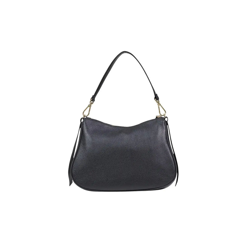 Coccinelle black leather handbag with pebbled texture single shoulder strap gold-tone hardware and zip pocket