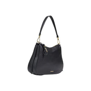 Coccinelle black leather hobo bag with textured leather, gold-tone hardware, single shoulder strap, and zip pocket